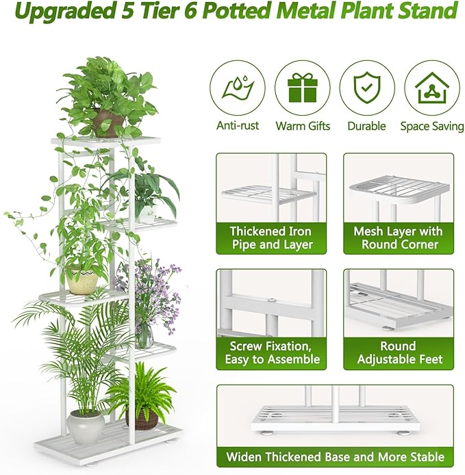 5 Tier 6 Potted Plant Stand Indoor with Gardening Tools and Gloves, Upgraded Corner Tall Metal Plant Shelf Organizer Outdoor, Multiple Flower Pot Holder Display Rack (5 -Tier White)
