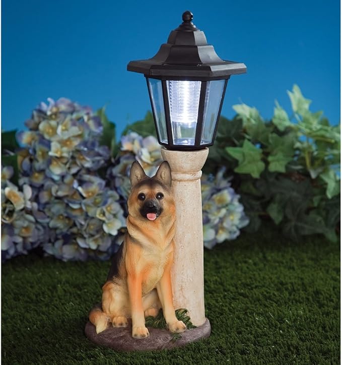 Bits and Pieces-Solar Shepherd Lantern-Solar Powered Garden Lantern - Resin Dog Sculpture with LED Light