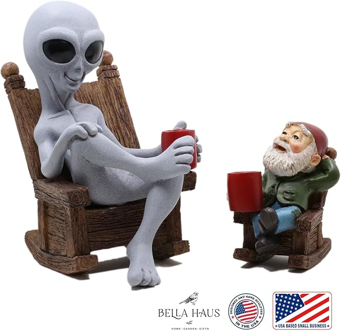 Andre' & Fritz | Celebrating Friendship with a Morning Cup of Coffee | Whimsical Extraterrestrial Outdoor Decor | Garden Statue 2pc Resin Set 6.25”/ 3.50” Tall (Coffee with Friends)