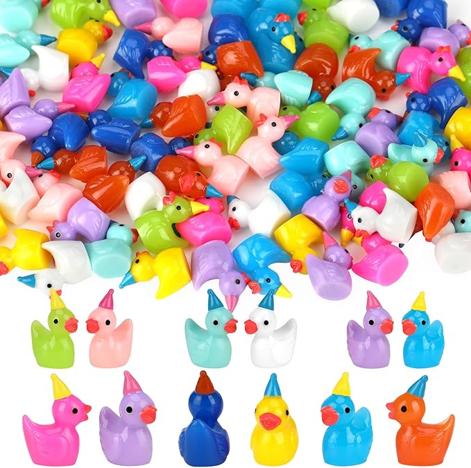 100 Pack Mini Resin Ducks, Multicolor Mini Ducks Wearing Party Hat, Tiny Duck Miniature Duck Figures Tiny Home Ornament for Micro Landscape Dollhouse Garden Aquarium Potted School Office