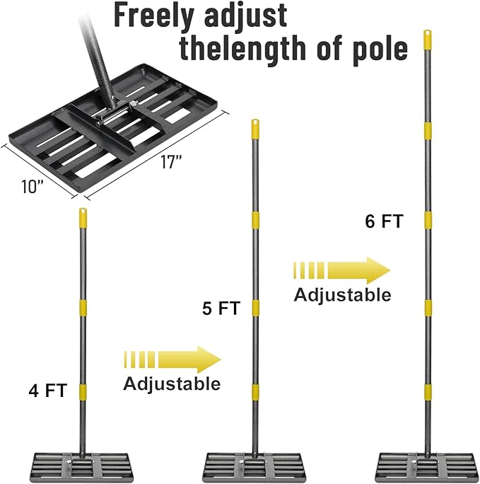 Lawn Leveling Rake, 6 FT Adjustable Long Handle Level Lawn Rake, Black Heavy Duty Level Lawn & 1 Inch Diameter Stainless Steel Handle Lawn Leveler Rake, Lawn Leveler Tool for Soil Grass Golf Field