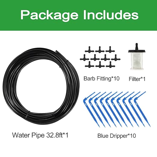 Drip Irrigation Kit Accessories, NVRGIUP 32.8FT Solar Auto Drip Irrigation Extra Accessories Kit, Automatic Irrigation System Expansion Kit with Filter, 1/8 Inch Pipe, 10 Barbed Fittings and 10