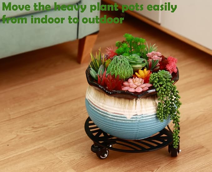 2 Packs Metal Plant Caddy with 3 Wheels 12” Heavy-duty Wrought Iron Rolling Plant Stands with Casters Indoor and Outdoor Plant Pot Roller Base Plant Saucer Movers Black, Strong Load Capacity