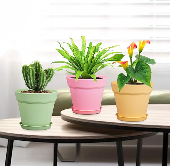 4 inch Small Plastic Nursery Pots, Seedling Pots, 16 Pack Plant Pots for Indoor Outdoor Plants, Flower Pots with Drainage Holes and Saucers, Decorative Planters for House Plants, Colorful
