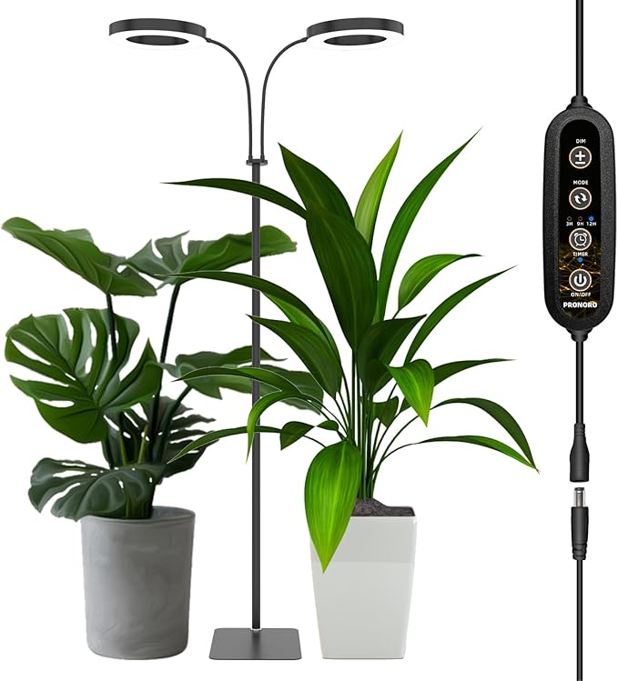 Grow Light, 2-Head LED Floor Plant Growing Lamp, Full Spectrum Plant Light for Indoor Plants, Extended&Built-in Power Cord, Automatic On/Off Timer, 6-Level Dimming, Adjustable Height of 63 in