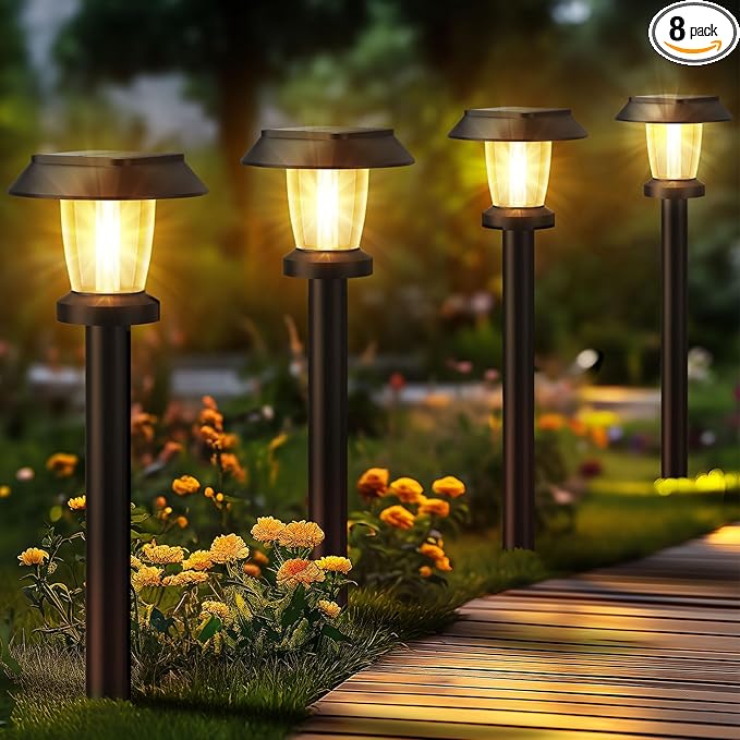 Solar Pathway Lights Outdoor - 8 Pack Solar Powered Garden Lights Waterproof, Decor Landscape Lighting with Three Lighting Modes for Yard, Lawn, Walkway, Driveway, Warm White