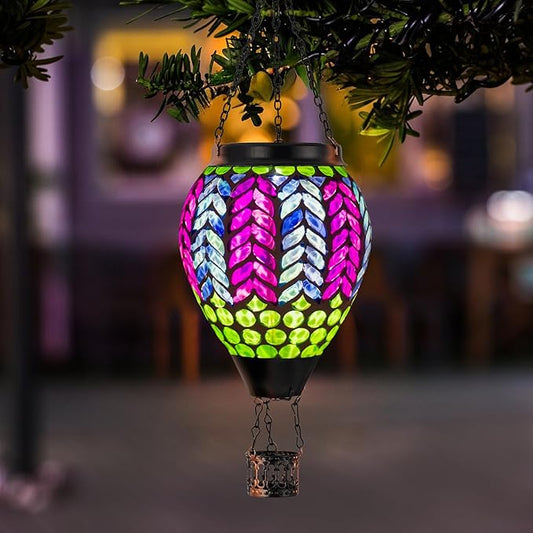 Mosaic Hot Air Balloon Solar Lanterns Outdoor Waterproof, Colorful Glass Solar Hanging Lantern Lights for Garden Patio Yard Gifts for Women Mom Grandma