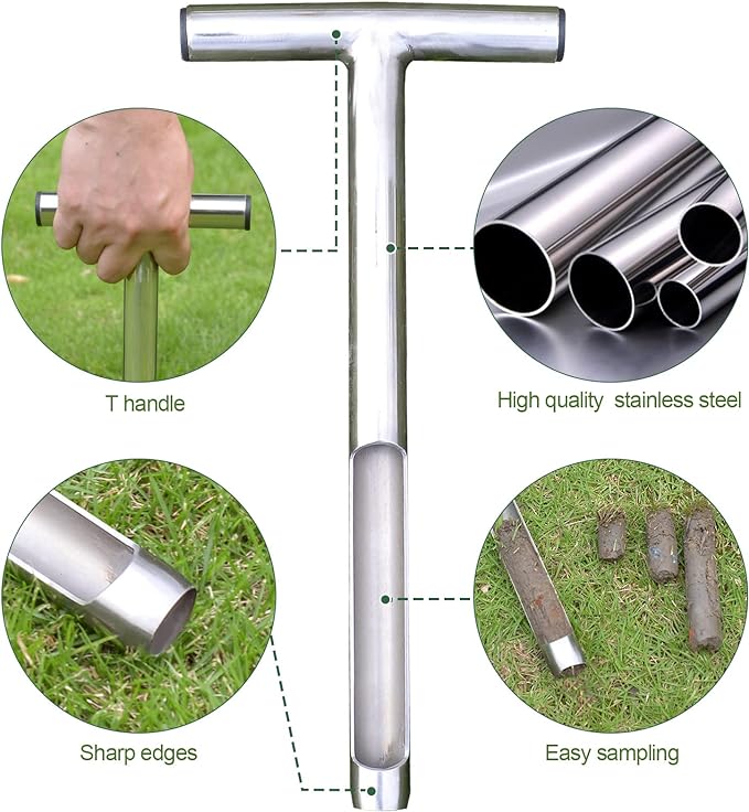 Soil Probe 12 Inch with 2 Bags, Soil Sample Probe for Lawn House Plants, T-Handle Soil Sampler Probe Rod Tool Set, Stainless Steel Soil Test Kits Tool for Soil Sampling