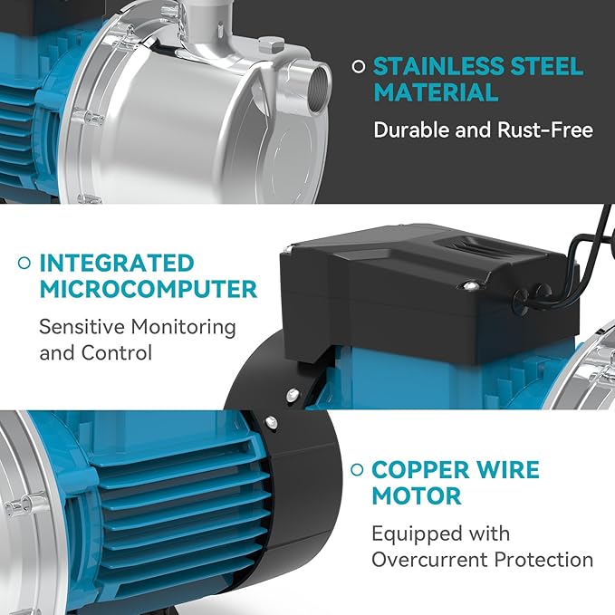 1.2 HP Smart Control Booster Jet Pump, 1200 GPH 115V Stainless Steel Shallow Well Pump with Automatic On/Off for Home, Garden, Farm Irrigation, and Sprinkler Systems, Enhanced Water Pressure