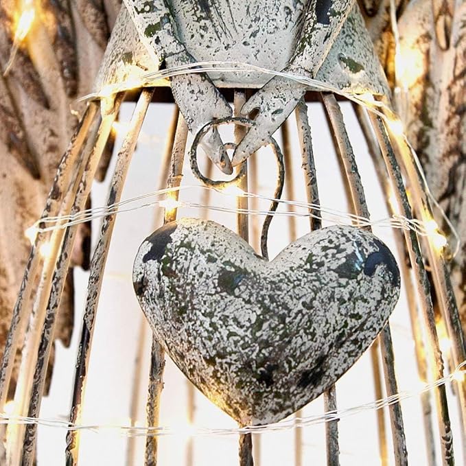Morning View Vintage Metal Angel Garden Statue with Heart Handbag for Indoor Outdoor Yard Lawn Patio Art Decor with LED Lights String(Style B)