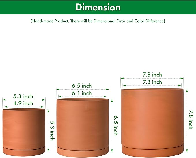 D'vine Dev Terracotta Pots for Plants, 5.3 Inch 6.5 Inch 7.8 Inch, Round Cylinder Planter Pot with Drainage and Saucer, 40-T-B-0