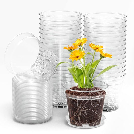 4 Inch Clear Nursery Pots, Set of 30 Transparent Plant Flower Pots for Small Indoor Plants with Drainage Holes & Trays, Plastic Seedling Starter Pots for Various Plants