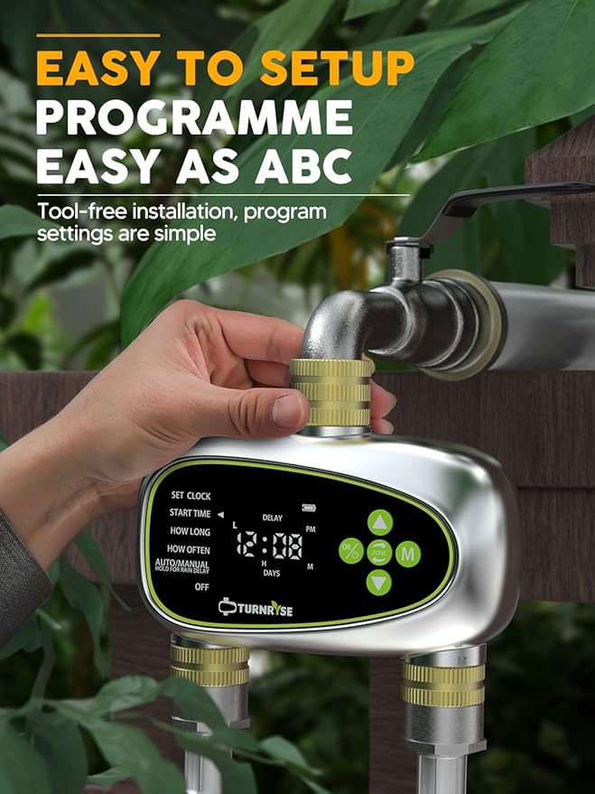 2 Zone Sprinkler Timer with Brass Inlet and Outlet - Water Timer for Garden Hose with Rain Delay/Manual Watering/Automatic Drip Irrigation Controller System for Garden Watering