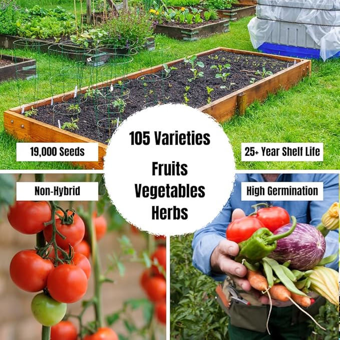 Survival Garden Heirloom Seeds Non GMO - 105 Varieties of Herb, Fruit and Vegetable Seeds for Planting Home Garden Plus Seed Storage Organizer Vault - Non Hybrid Open Pollinated by Grow For It