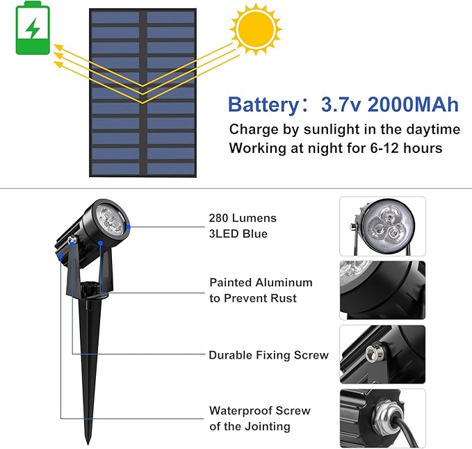 Blue Solar Spot Lights Outdoor,2 Pack Solar Landscape Spotlights IP65 Waterproof 9.8ft Cable, Auto On/Off Outdoor Wall Lights for Garden Yard Driveway Porch Walkway Pool (1-in-1)