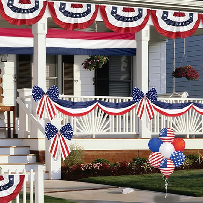 4Pack American Bunting Flag 2x4 Ft Patriotic Bunting Flags 4th of July Decor Outside Porch USA Pleated Half Fan Flag Decorate Garden Embroidered Star Red White & Blue Stripe Banner