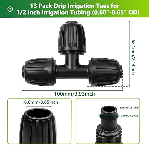 13 Pcs Drip Irrigation Fittings Tee 1/2 Inch, In-Line Barbed Tee Connector For 1/2 Inch Drip Tubing (0.60"-0.65" OD) Drip Line 3 Way T Parts