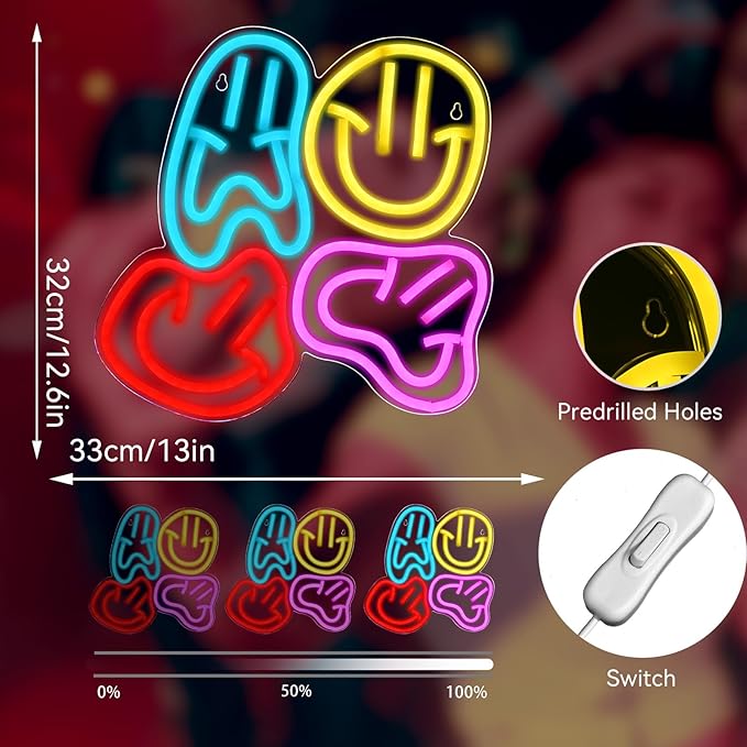 Smile Faces Neon Sign Led Colorful Distorted Happy Faces Neon Light Signs for Wall Decor Usb Light Up Signs for Kids Bedroom Aesthetic Preppy Room Decor Party Decoration Teens Gifts