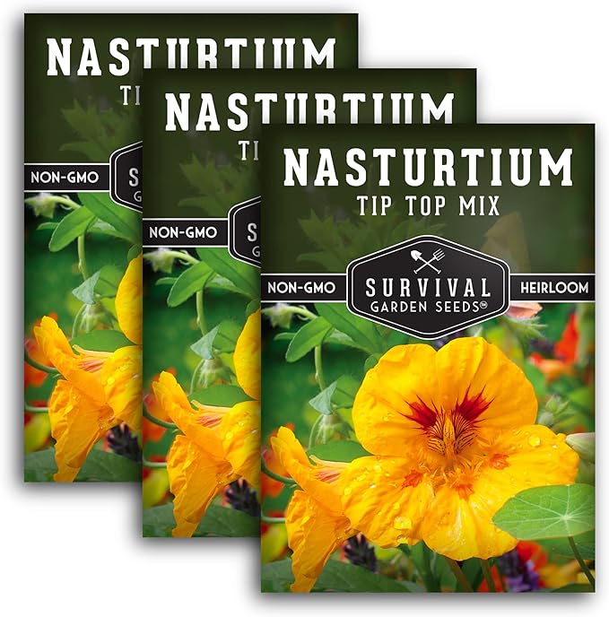 Survival Garden Seeds - Tip Top Mix Nasturtium Seeds - 3 Packs with Instructions to Plant and Grow Edible Flowers & Companion Plants in Your Home Vegetable Garden - Non-GMO Heirloom Variety