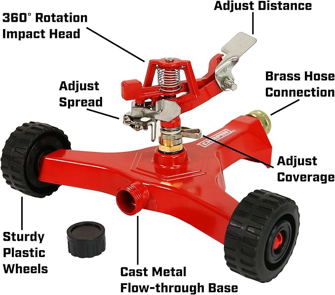 Chapin 4982: Wheeled Impact Sprinkler, 360 Degree Automatic Impact Sprinkler with Wheeled Base for Medium to Large Gardens and Lawns, Up to 85 ft Coverage Area, Lawn Sprinkler