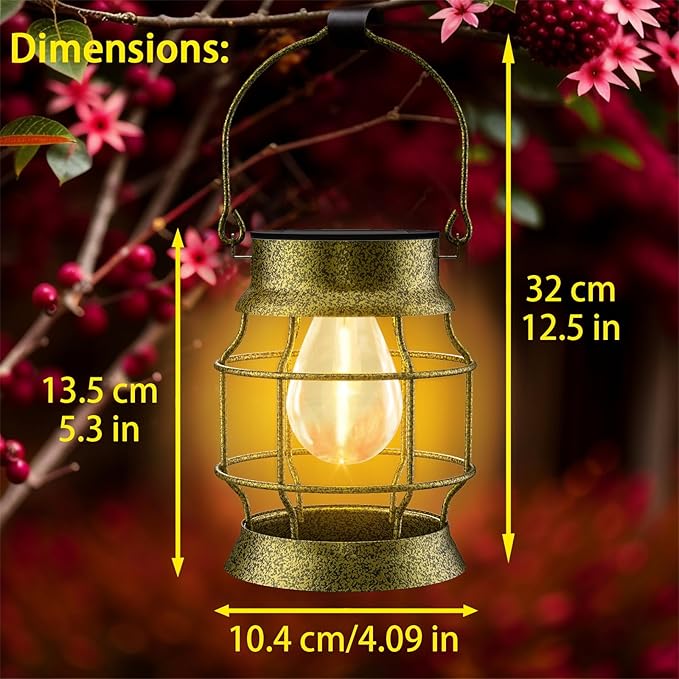Solar Lantern 2 Pack Solar Outdoor Lights Metal Hanging Lights for Outside Waterproof Retro Design with Edison Bulb Decorative for Patio Porch Fence Garden Lawn