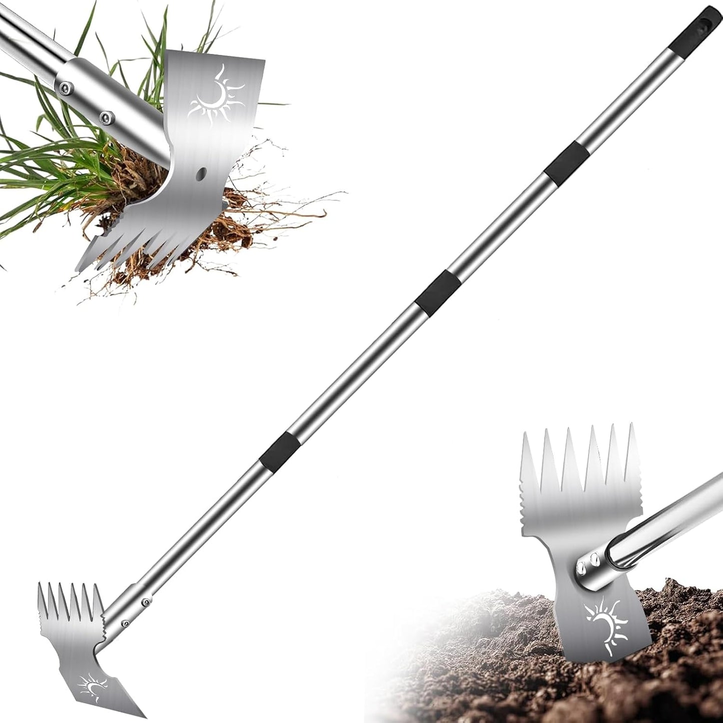 Weed Puller Tool with Long Handle, 60inch Manual Weeder Remover Tool, Stainless Steel 2 in 1 Hand Weed Rake for Gardening, Heavy Duty Uprooting Weeding Pull for Garden, Lawn,Yard, Patio