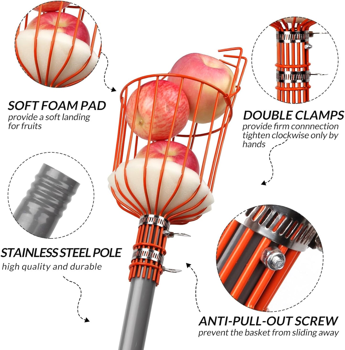 Walensee 8FT Fruit Picker, Adjustable Fruits Picker Tool with Lightweight Stainless Steel Pole and Big Basket, Fruit Catcher Equipment Tree Picker for Apples Mango Pear Orange Avocados Fruit Picking