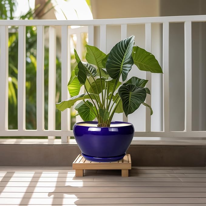 Ceramic Planter Pot 11 Inch - Indoor Planter Pot for Plants with Drainage Hole and Saucer Large Planter Round Outdoor Flower Pot Mid-Century for House Patio Decor Blue