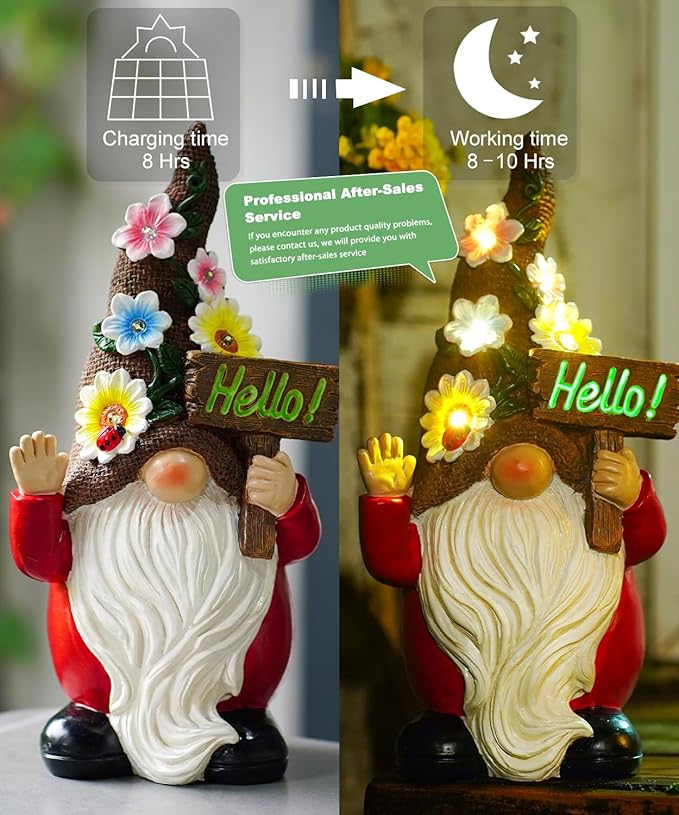 Solar Gnome Garden Statue for Decor: Outdoor Figurines Sculpture with Lights and Hello Sign for Lawn Patio Yard Balcony - for Mother Women
