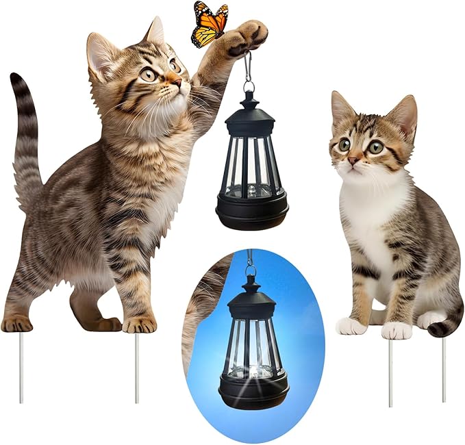 Set of 2 Realistic Cats Metal Stakes Solar Lantern Decoration, Cute Cats Stakes with Solar Lantern for Yard, Outdoor Garden Lawn Pathway Patio Ornaments, HDS-1021