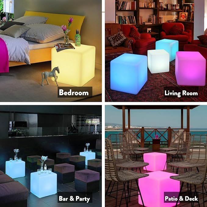 Mr.Go 16-inch Rechargeable LED Cube Chair Light, 16 RGB Colors Glow Cube Seat w/Remote, Waterproof LED Cube Table, Color Changing Cube Floor Lamp, Home Bedroom Patio Party Decorative Lighting