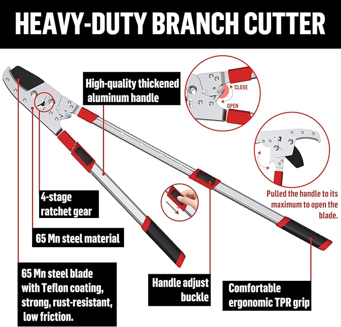 GARTOL Heavy-Duty Extendable Anvil Lopper 28~41" Telescopic Steel Tree Branch Cutter, Long Reach Tree Trimmer, Designed for Dry Wood, Double Ratcheting Mechanism, 6 Position Stops, Cuts Up 2''