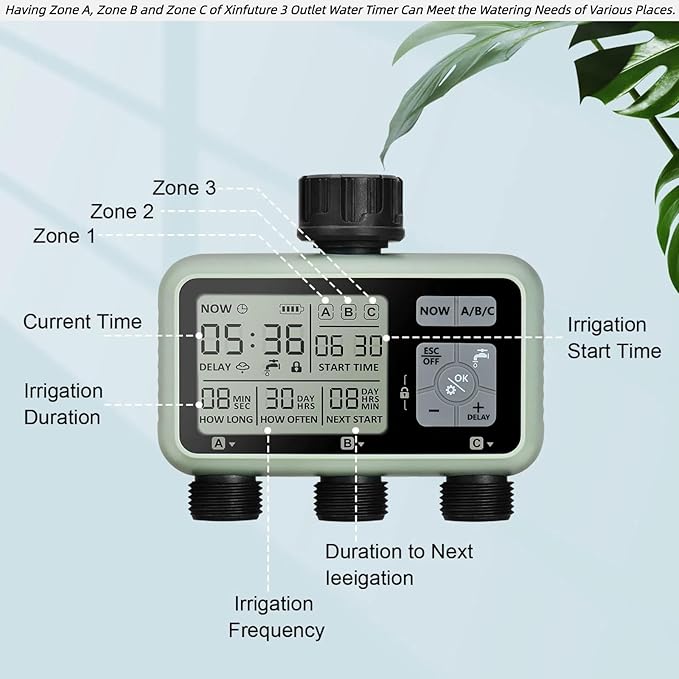3 Outlet Sprinkler Timer Brass, XinFuture Water Timer, Programmable Garden Hose Timer with Rain Delay, Manual& Automatic Watering System, Waterproof Digital Irrigation Timer for 3 Separate Water Zones