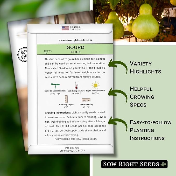 Sow Right Seeds - Bottle Gourd Seed for Planting - Non-GMO Heirloom Packet with Instructions to Plant and Grow an Outdoor Home Vegetable Garden - Ornamental Birdhouse Gourd for Crafting and Decor (3)