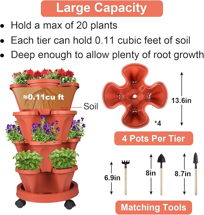 Vertical Planter 4 Tier Stackable Planters Garden Planters Strawberry Herb Flower and Vegetable Planter Indoor Outdoor Gardening Pots with Removable Wheels and Tools 2-Pack