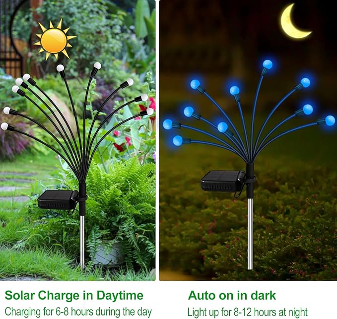 Kohlrabi Solar Garden Lights Outdoor, 6 Pack 60 LED Firefly Lights, Waterproof, Sway by Wind, for Yard, Patio, Backyard, Garden, Planter, Flower Bed, Pathway Decoration