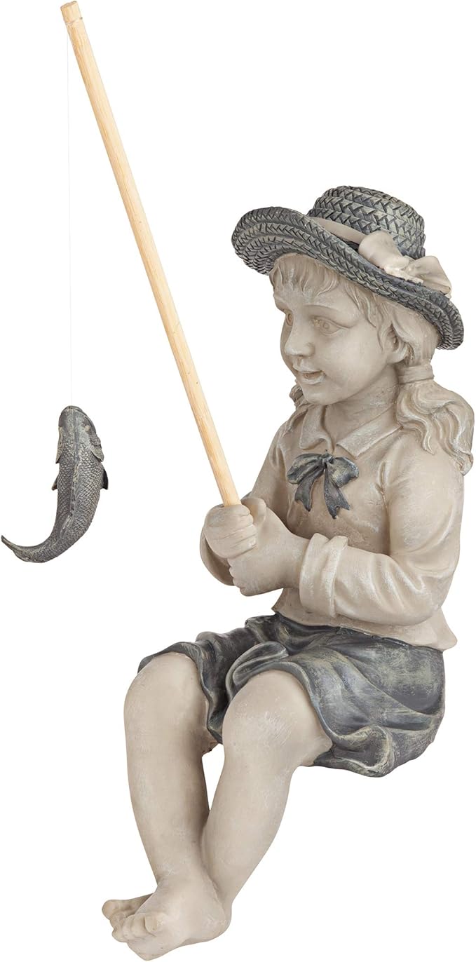 Design Toscano Big Catch Fisherwoman Nellie Girl with Fishing Pole Garden Statue, Medium 17 Inch Tall, Cast Stone Resin, Two Tone Stone Finish