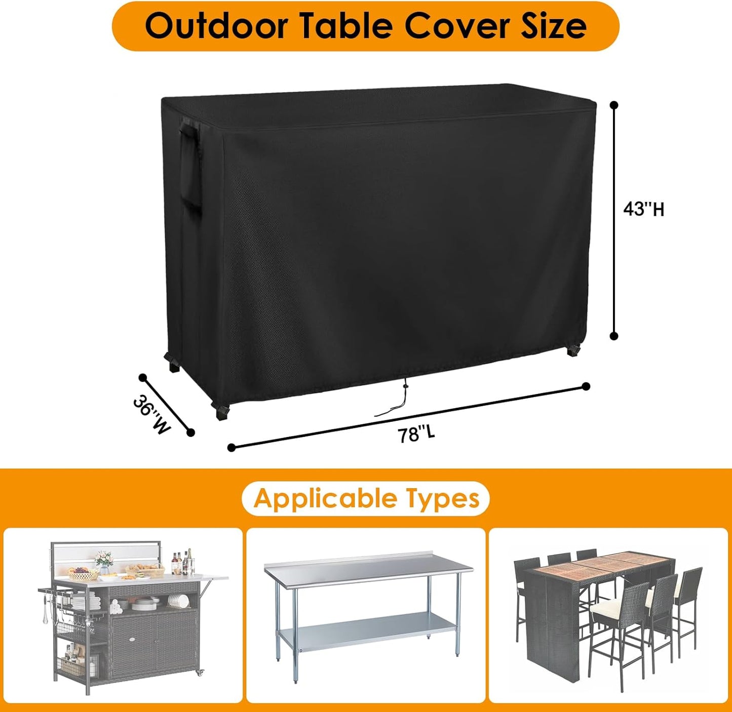 Kingling Outdoor Table Cover for Outdoor Bar Table, 78 Inch Waterproof Patio Bar Table Cover Outdoor Prep Table Covers - 78''L x 36''W x 43''H(Black)
