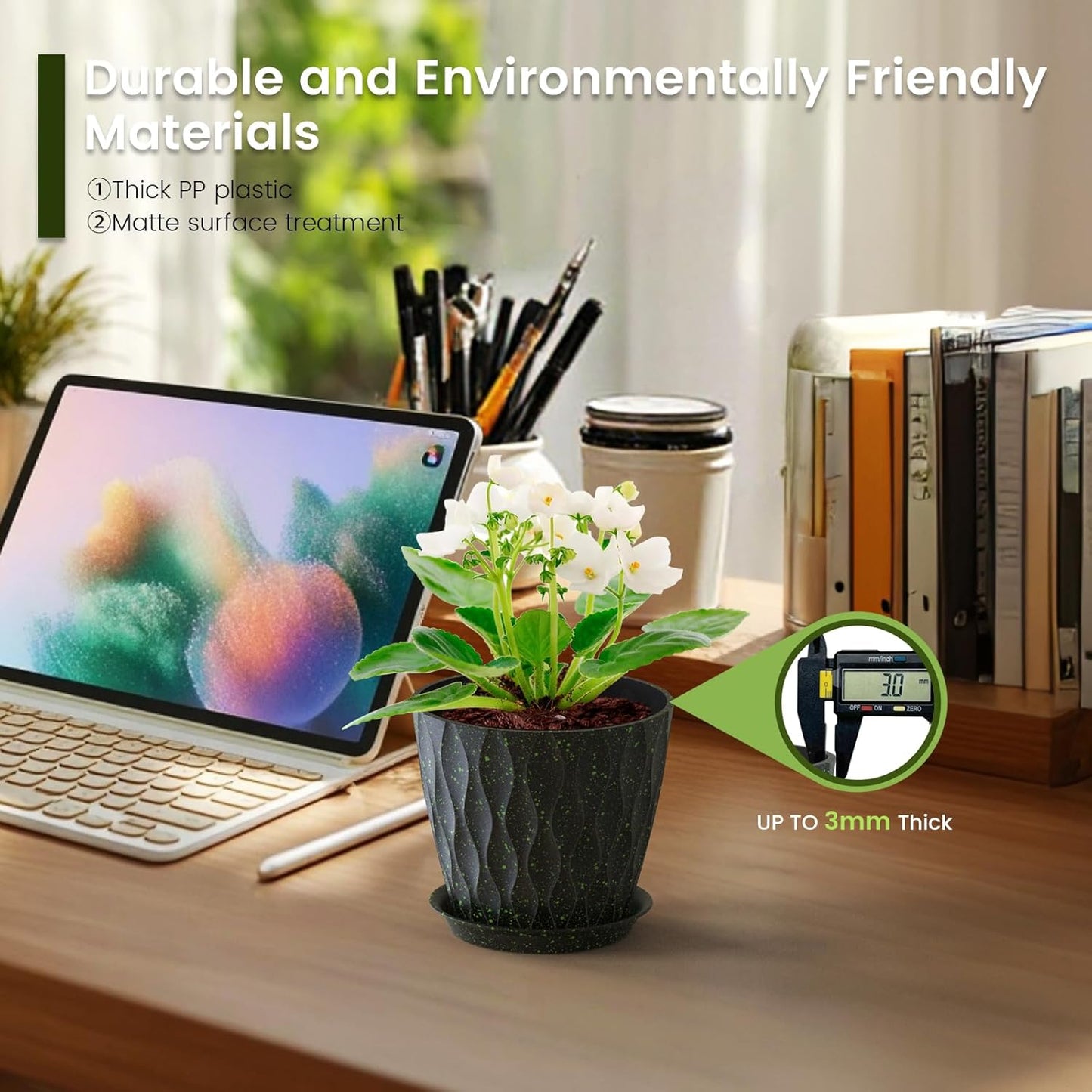 5 inch Plant Pots for Indoor Outdoor Plants, 6 Pack Thick Nursery Pots with Drainage Holes and Saucers, 3D Modern Wave Texture Small Plastic Planter Flower Pots, Black with Green Speckles