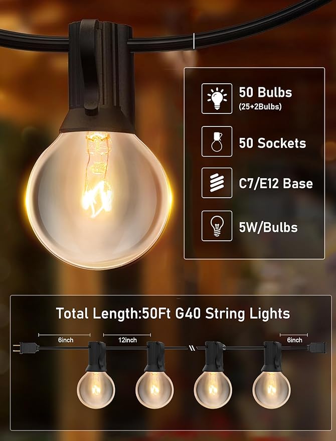 50FT String Lights, G40 Outdoor String Lights Edison Light Bulbs Clear Globe Lights for Backyard Patio Lights Indoor/Outdoor Commercial Decoration -5 Watt/120 Voltage/E12 Base -Black Wire