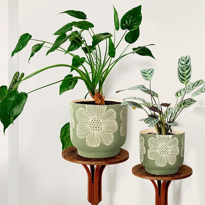 YBX 8 Inch + 6 Inch White Flower Pattern Plant Pots, Sand Glazed Ceramic Planter with Drainage Hole, Flower Pots for Indoor Plants, Green