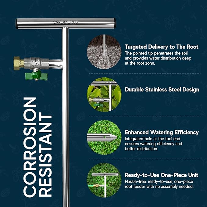 Varomorus Stainless Steel Deep Root Tree Watering Tool Irrigation System Wand T-Handle with Valve