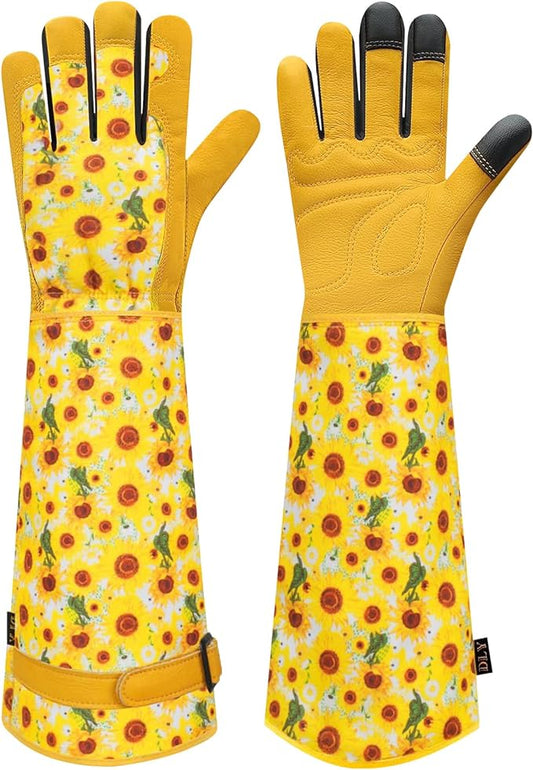 DLY Gardening Gloves for Women, Rose Gloves Gardening Thorn Proof, Long Garden Gloves for Women, Breathable Cowhide Leather Gauntlet (Medium, Yellow