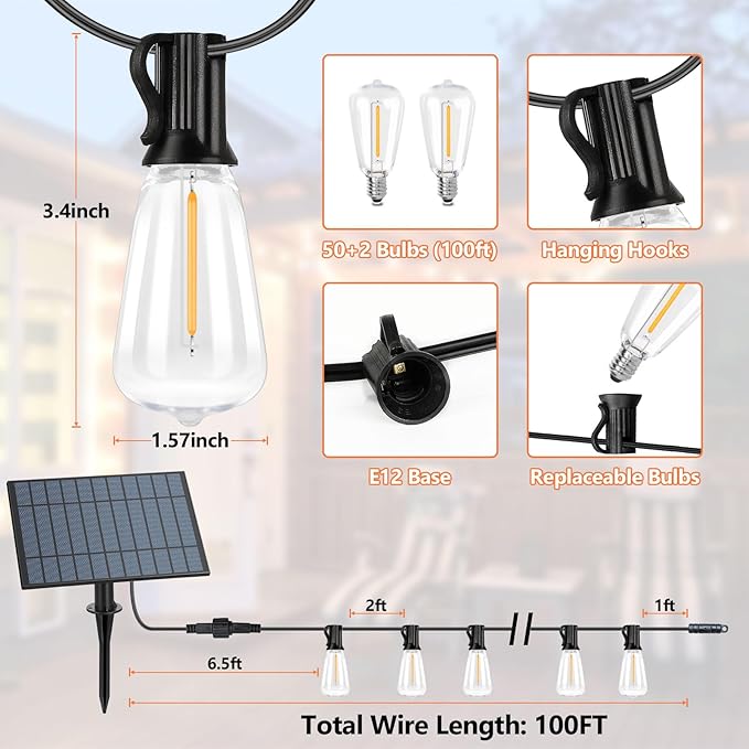100FT Outdoor Solar String Lights with Remote, USB Rechargeable LED Patio Lights with 52 Timer Dimmable ST38 Edison Bulbs, Enhanced 5W Solar Panel Outside Hanging Lights for Porch Garden Deck Backyard