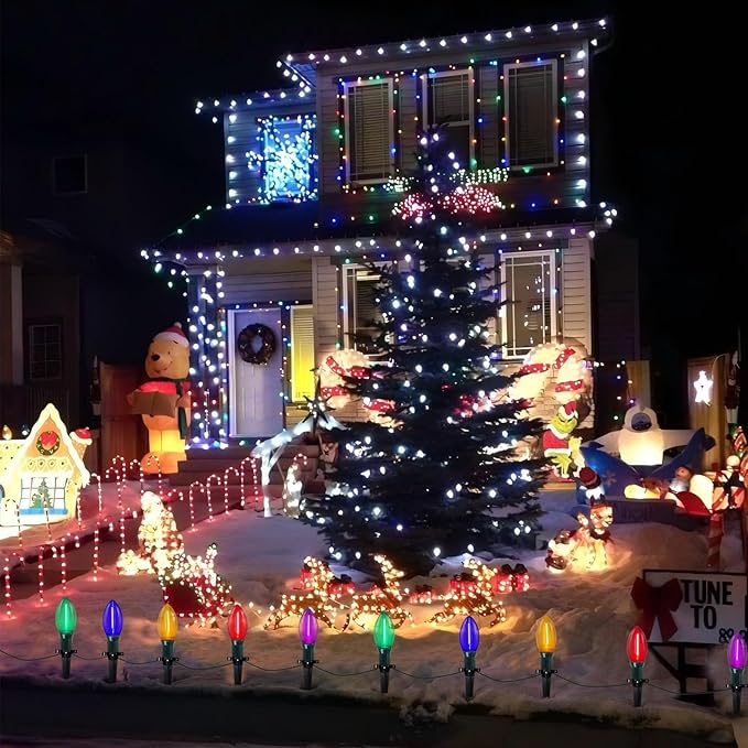 C9 LED Christmas Pathway Lights Outdoor, 38Ft 25 LED Multicolor Marker Stakes, Connectable Walkway UL Listed for Yard Lawn Sidewalk Driveway Christmas Decorations