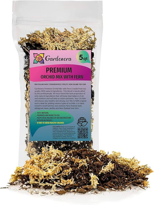 Premium Orchid Mix by GARDENERA | Fern + New Zealand Pine Bark + Sphagnum Moss + Perlite | Best for Growing and Repotting Orchids - 5 Quart Bag