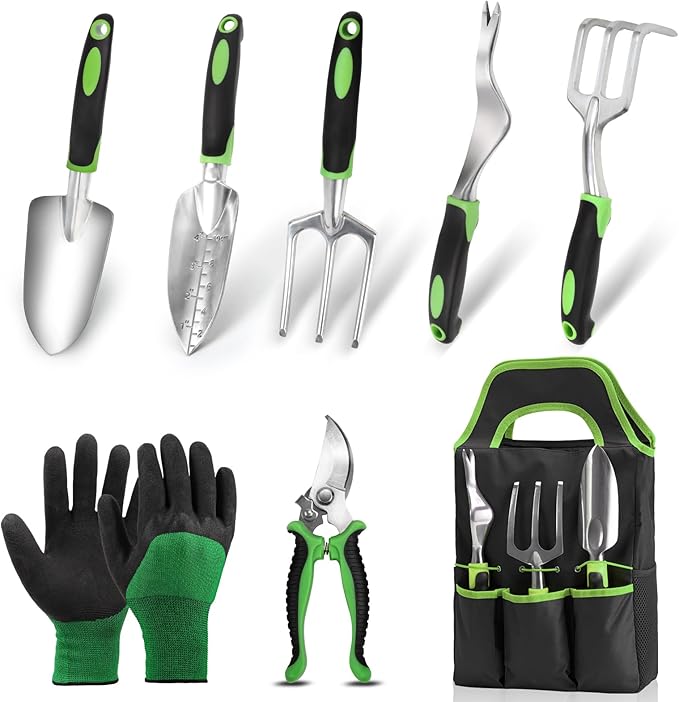 Gardening Tool Set, 8 Piece Garden Tools Set with Bag, Heavy Duty Stainless Steel Garden Tools Set Kit, Outdoor Hand Tools, Ideal Garden Tool Kit Gifts for Women Green