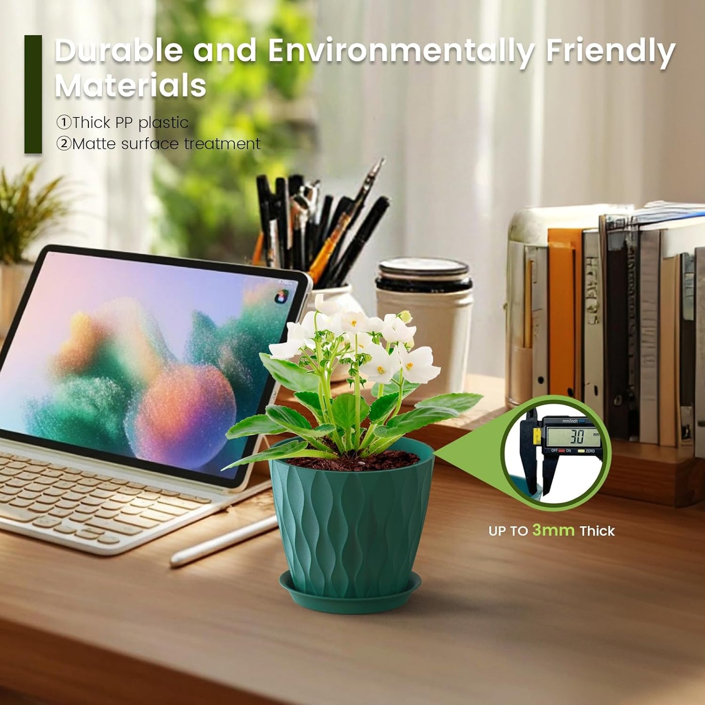 5 inch Plant Pots for Indoor Outdoor Plants, 6 Pack Flower Pots with Drainage Holes and Saucers, 3D Modern Wave Texture Small Plastic Planter Pots for Nursery and House Plants, Blue Green