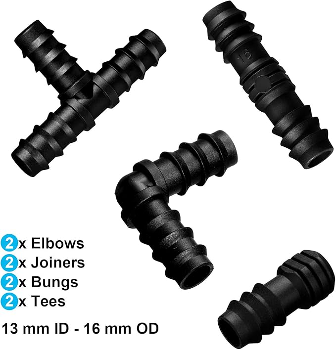 Maitys 8 Pieces Drip Irrigation Barbed Tee Fittings 1/2 Inch Universal Barbed Tee Fittings Connectors Drip Plastic Soaker Hose Connectors Hose End Stop, Black(Mixed)