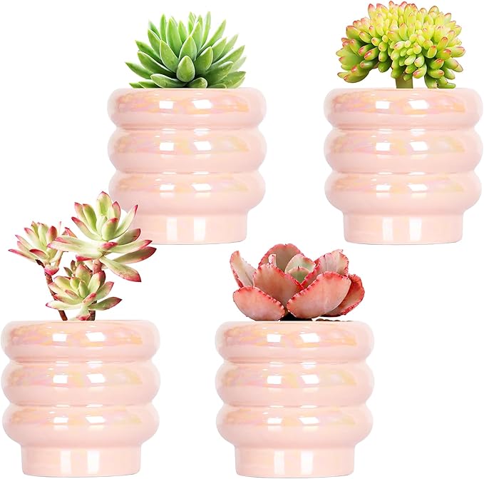 4.1 inch 4 pcs Ceramic Plant Pots for Indoor Plants, Rainbow Pearl Glaze Planter with Planters for Plants with Drainage Hole, Orchid Pots, Succulent Pot, Small Flower Pot (Pink)